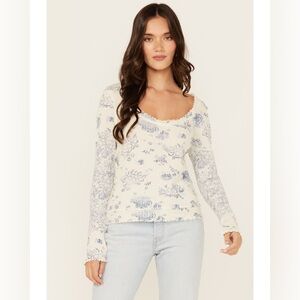 Free People Clover Pointelle Knit Thermal Long Sleeve Tee Top XS New